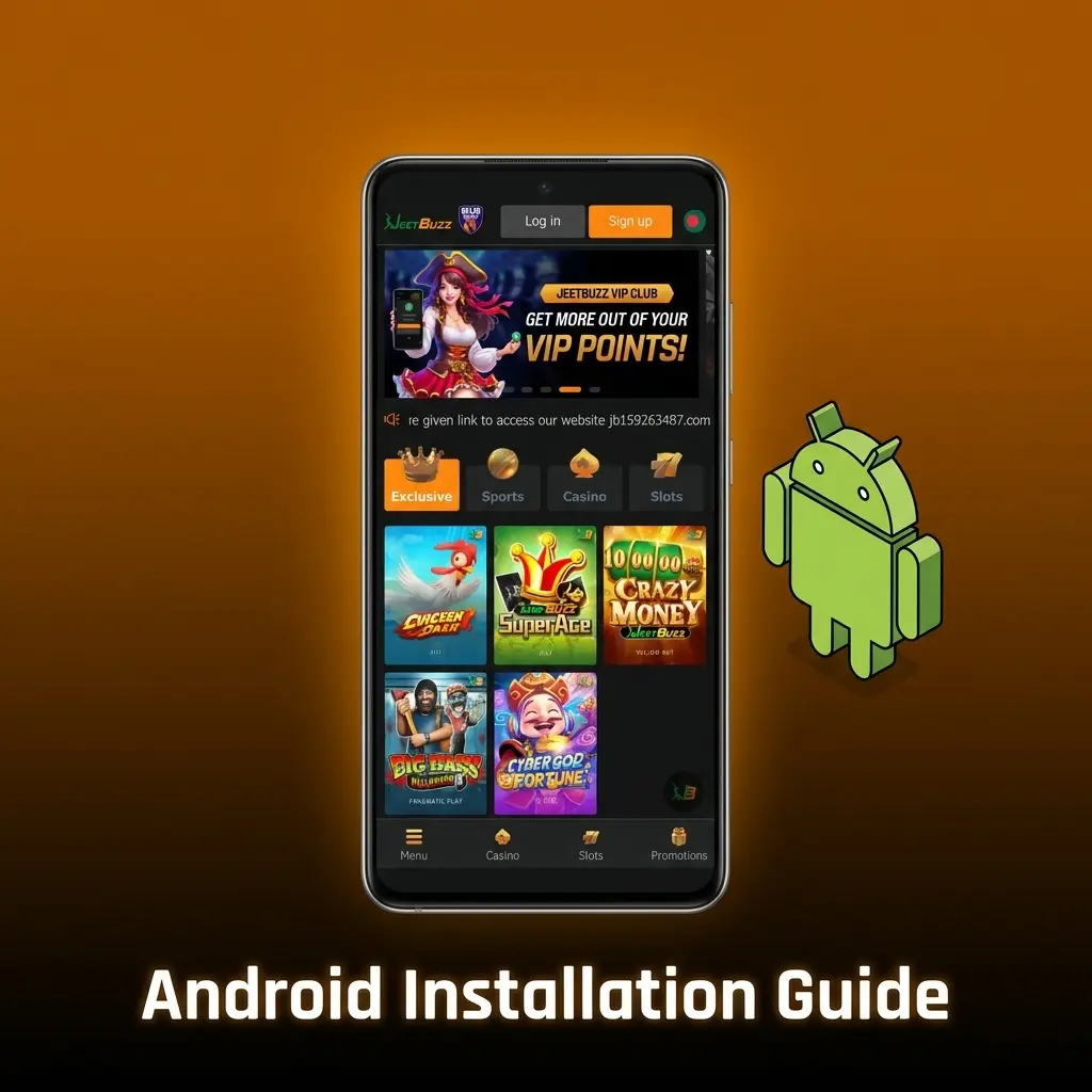 Step-by-step Android APK installation guide for Jeetbuzz esports betting app showing download and setup process